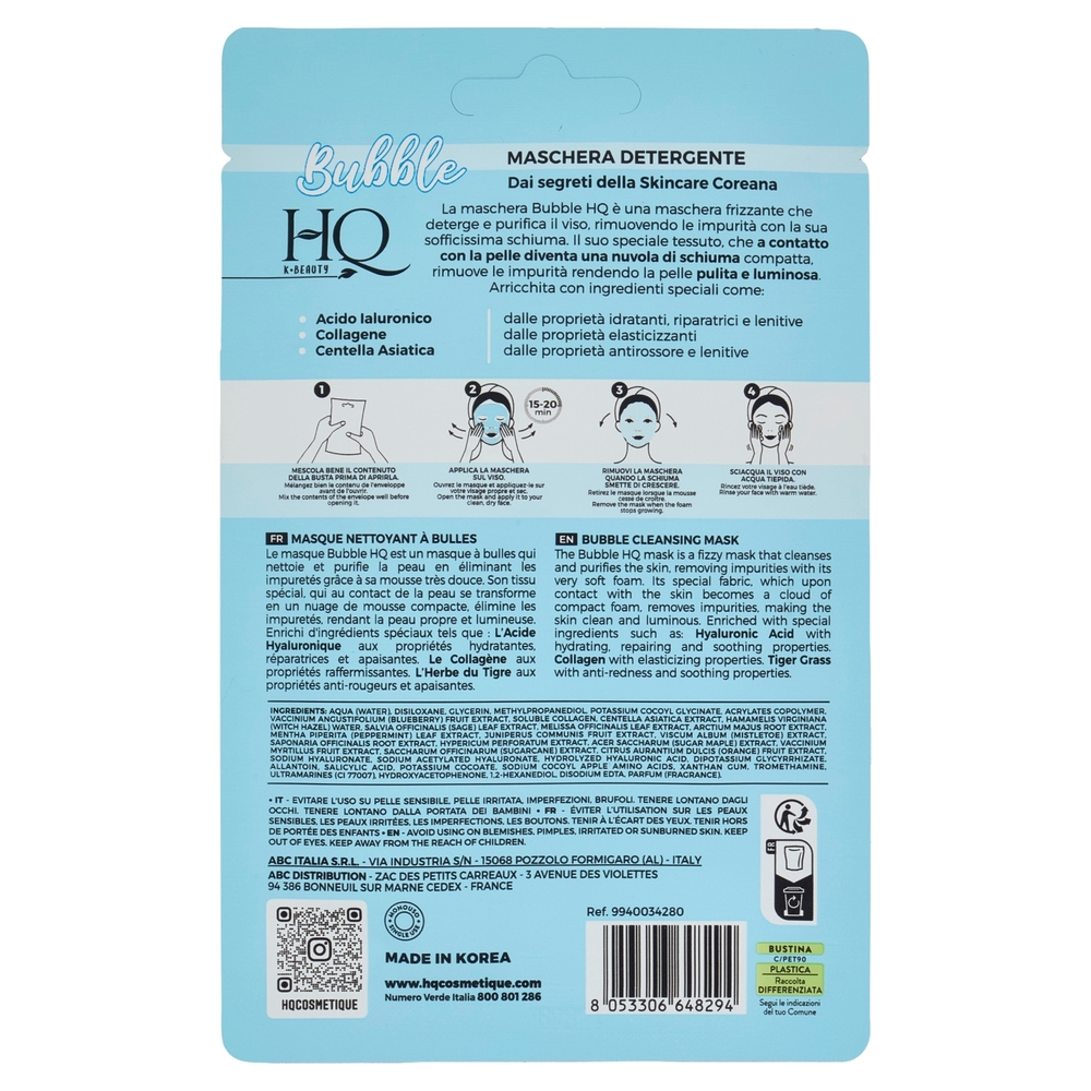 HQ K-Beauty Maschera Bubble Attivi: Acido Ialuronico - Collagene